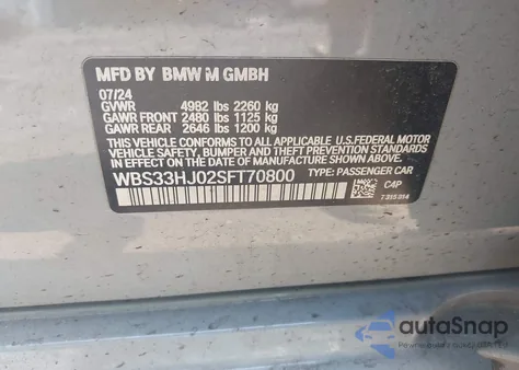 2025 BMW M3 Competition xDrive from USA, damaged, VIN WBS33HJ02SFT70800